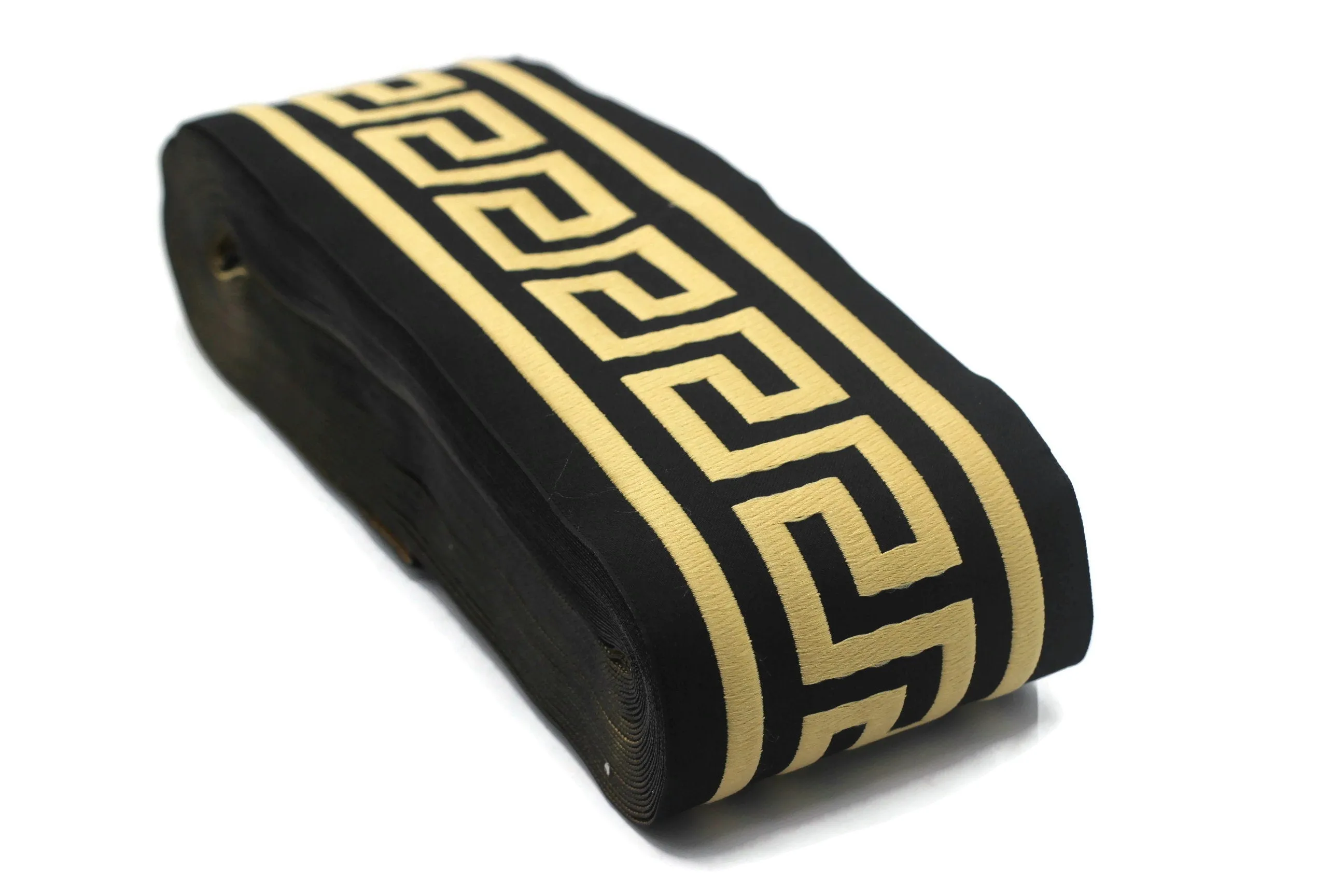 16.4 Yrd 100mm Black & Gold Greek Key Ribbons (3.93 inc, Meander Jacquard Trim, Drapery Trim Tape, Curtain Making Upholstery Fabric 197 V8