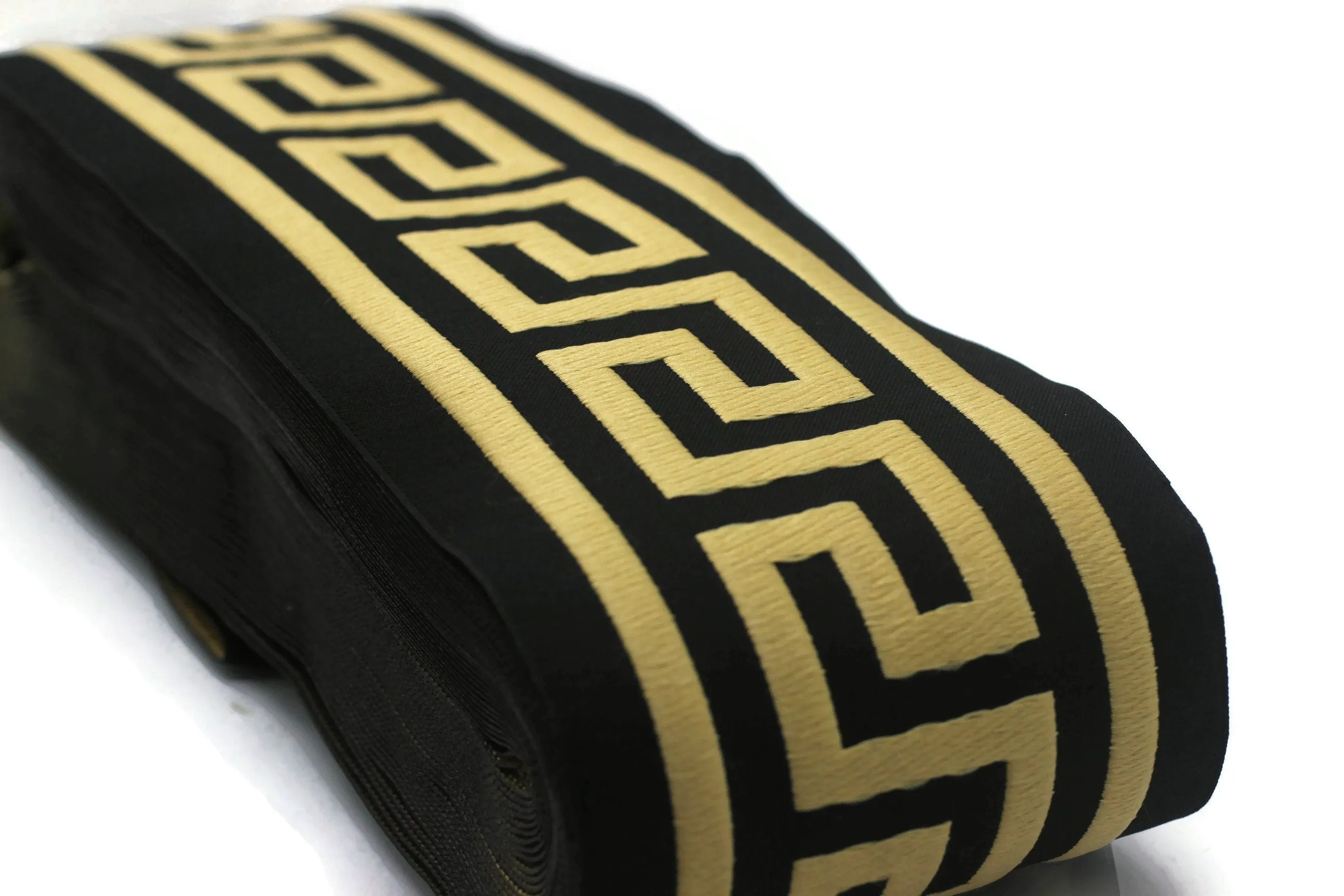 16.4 Yrd 100mm Black & Gold Greek Key Ribbons (3.93 inc, Meander Jacquard Trim, Drapery Trim Tape, Curtain Making Upholstery Fabric 197 V8