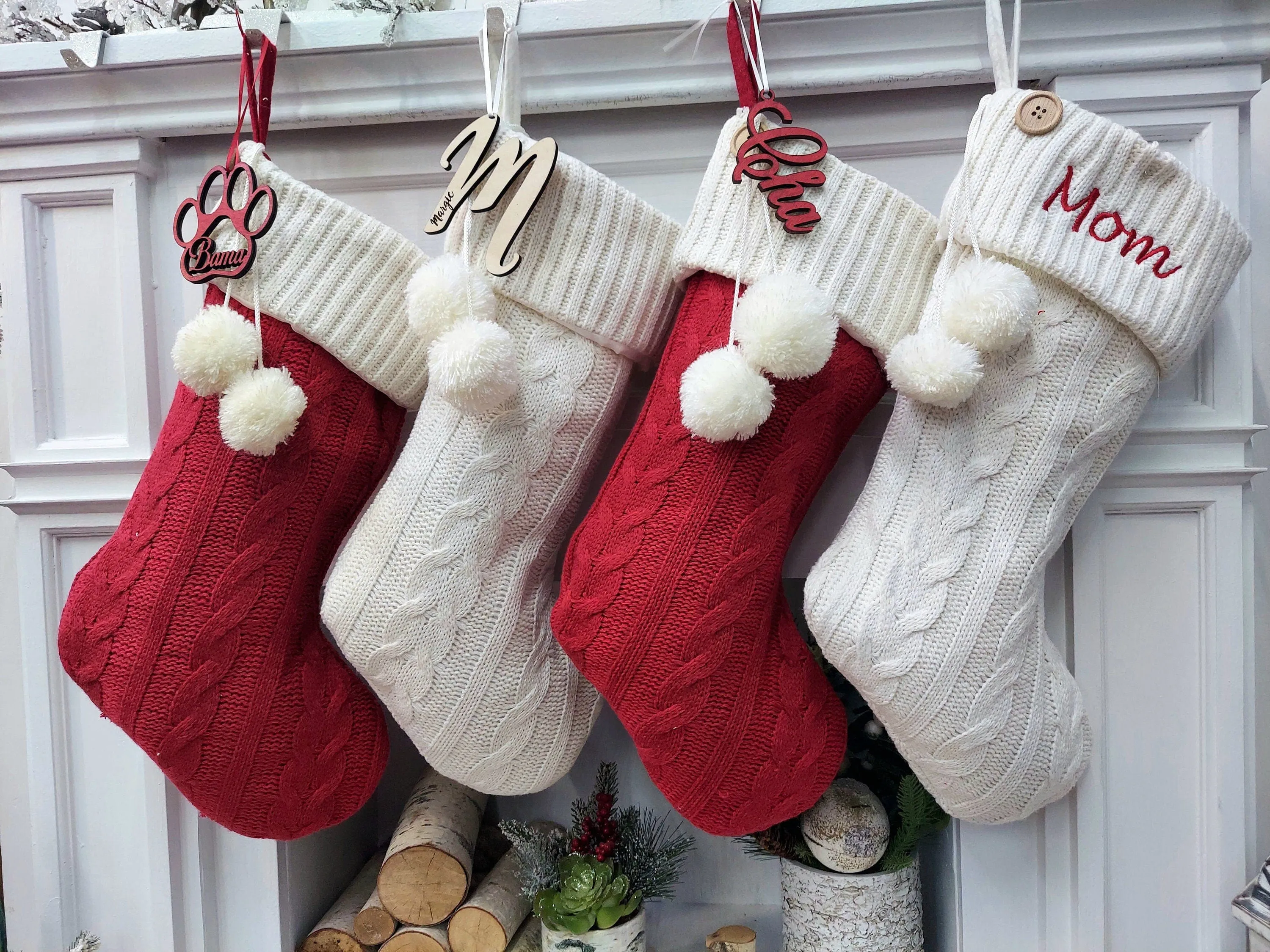 21" Personalized Red and Ivory Cable Knit Button w/ Pom Poms Christmas Stocking with Custom Name Embroidered |  Home Decor