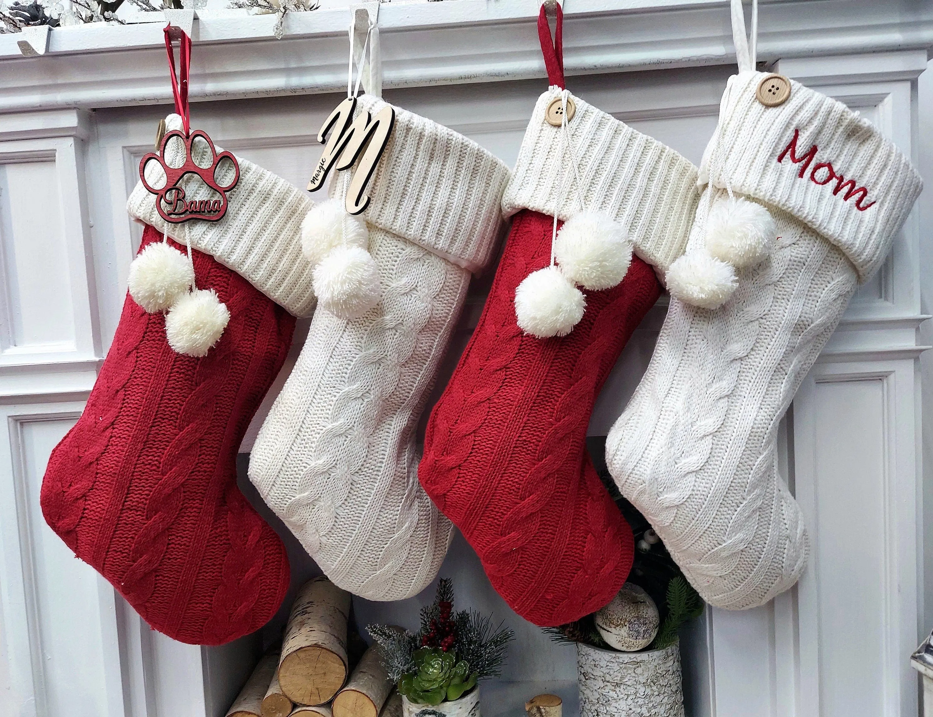 21" Personalized Red and Ivory Cable Knit Button w/ Pom Poms Christmas Stocking with Custom Name Embroidered |  Home Decor