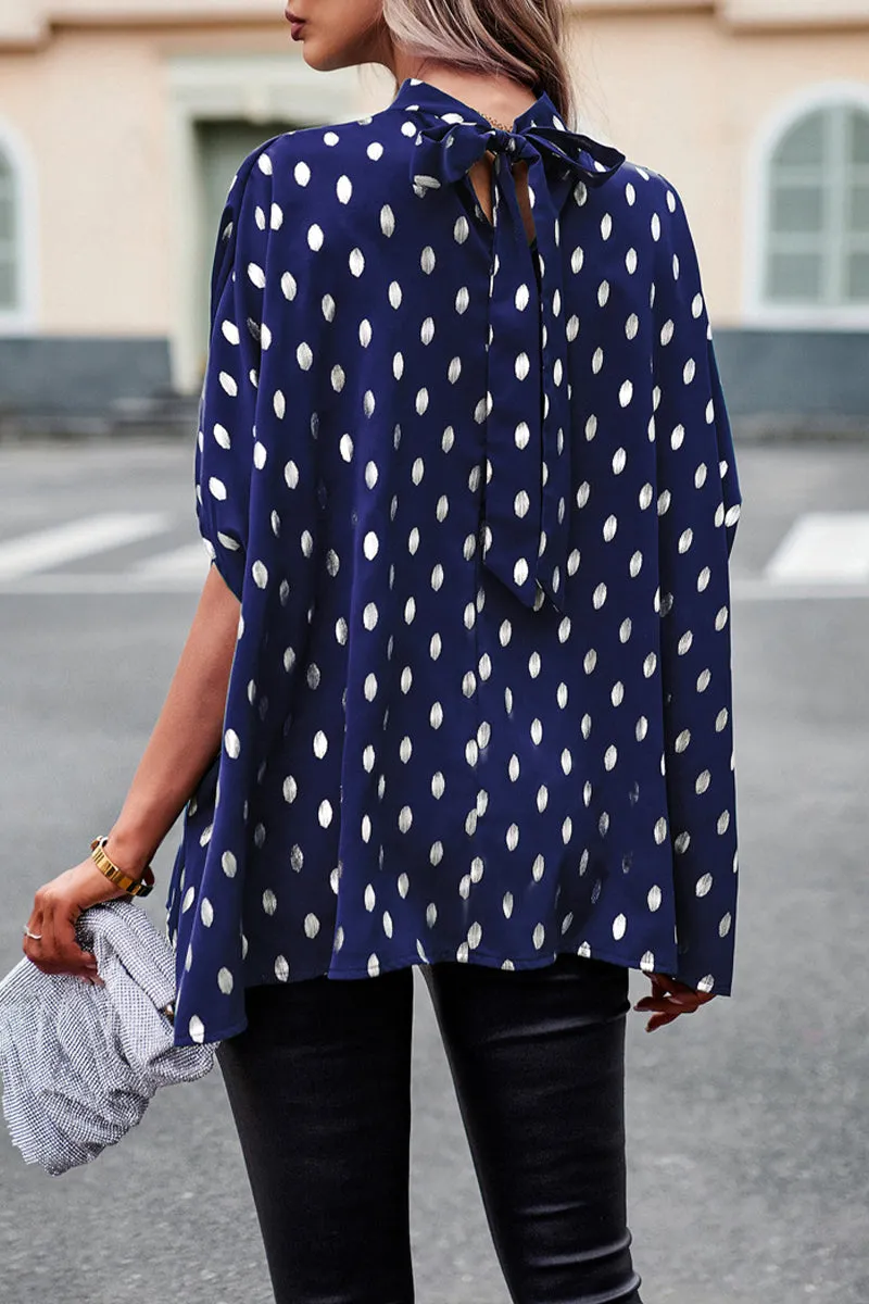 British Style Elegant Polka Dot Bandage Mandarin Collar Tops