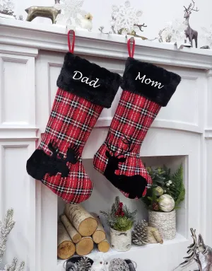 Buffalo Plaid Moose & Deer Christmas Stocking | Red Black White Check Cabin Farmhouse Lumberjack  Personalized  Family Name Tag Wood