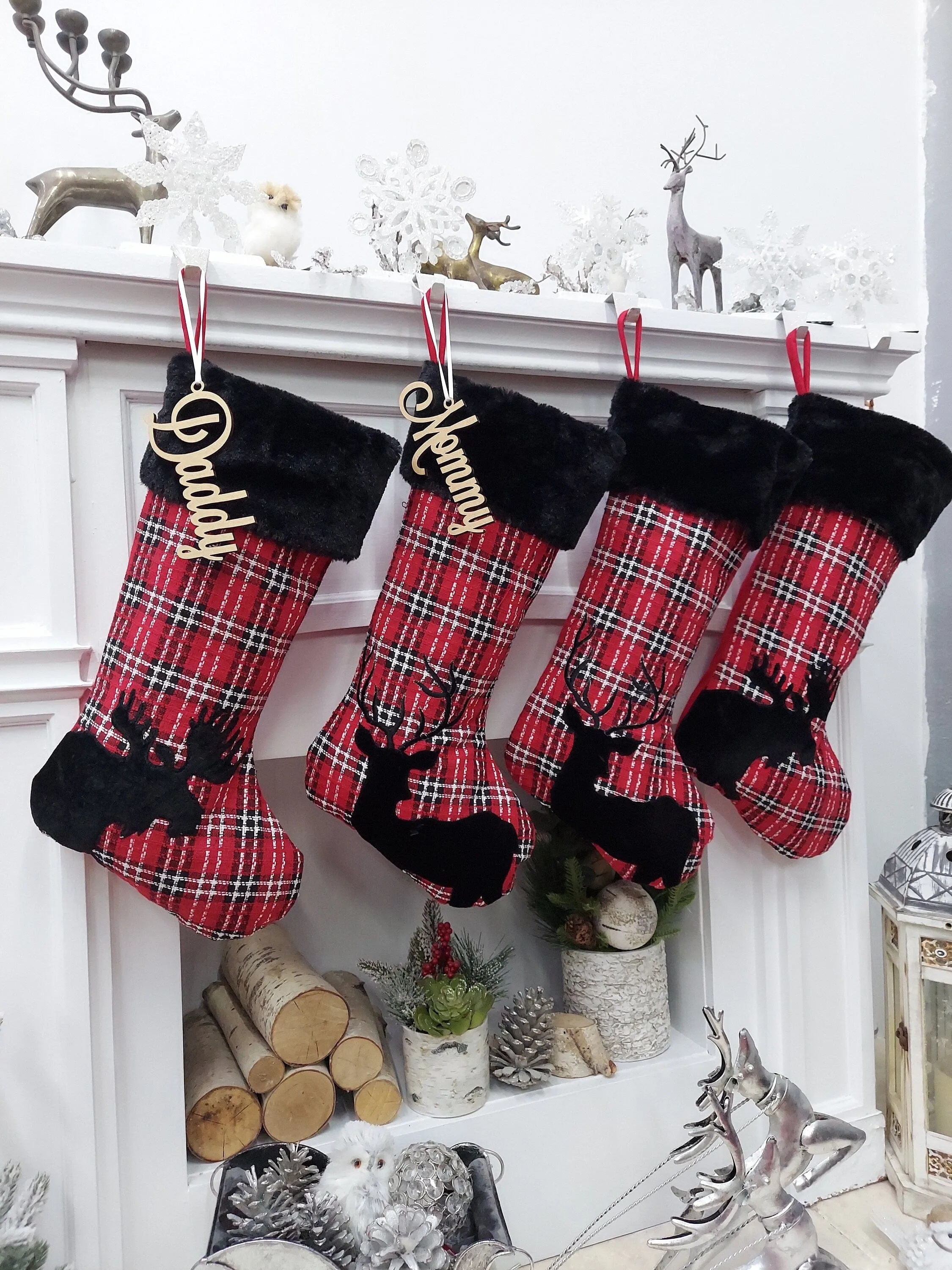 Buffalo Plaid Moose & Deer Christmas Stocking | Red Black White Check Cabin Farmhouse Lumberjack  Personalized  Family Name Tag Wood