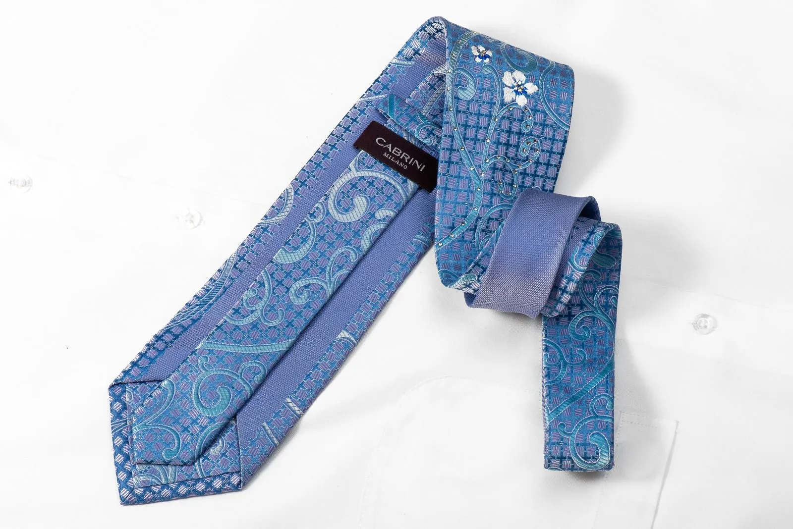 Cabrini Mens Crystal Rhinestone Silk Necktie Floral Scrolls On Blue Mauve With Sparkles