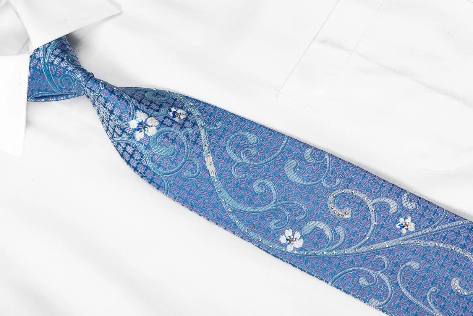 Cabrini Mens Crystal Rhinestone Silk Necktie Floral Scrolls On Blue Mauve With Sparkles