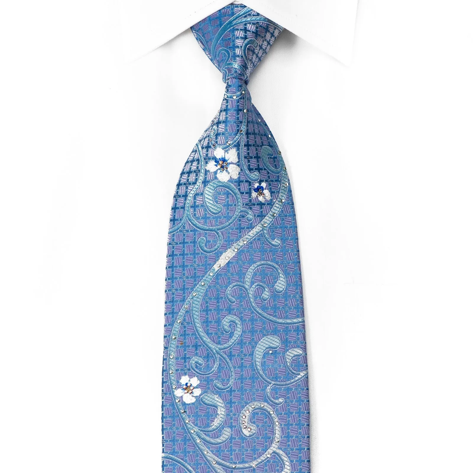 Cabrini Mens Crystal Rhinestone Silk Necktie Floral Scrolls On Blue Mauve With Sparkles