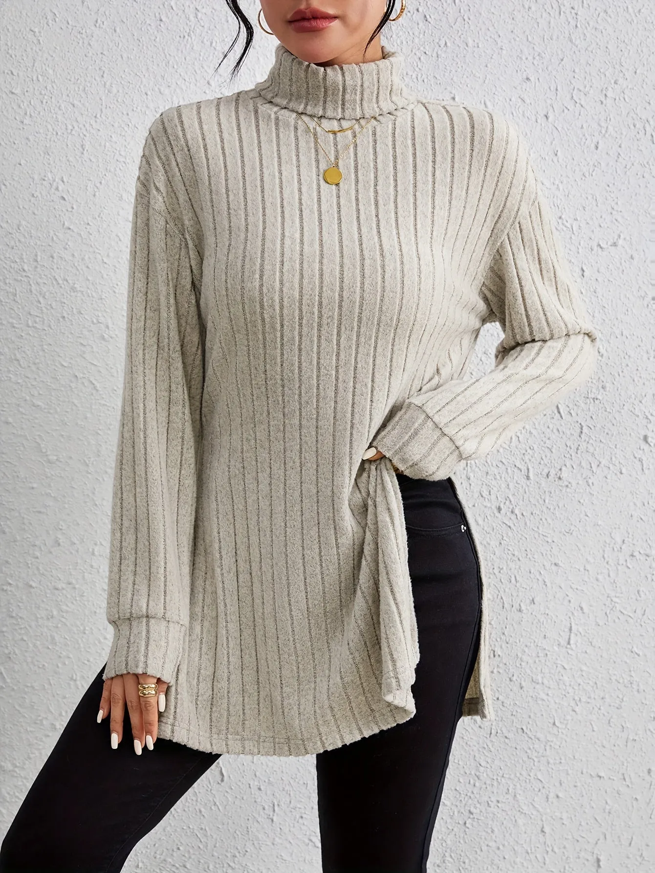 Chic Ribbed Turtleneck and Split Sleeve Womens Tshirt