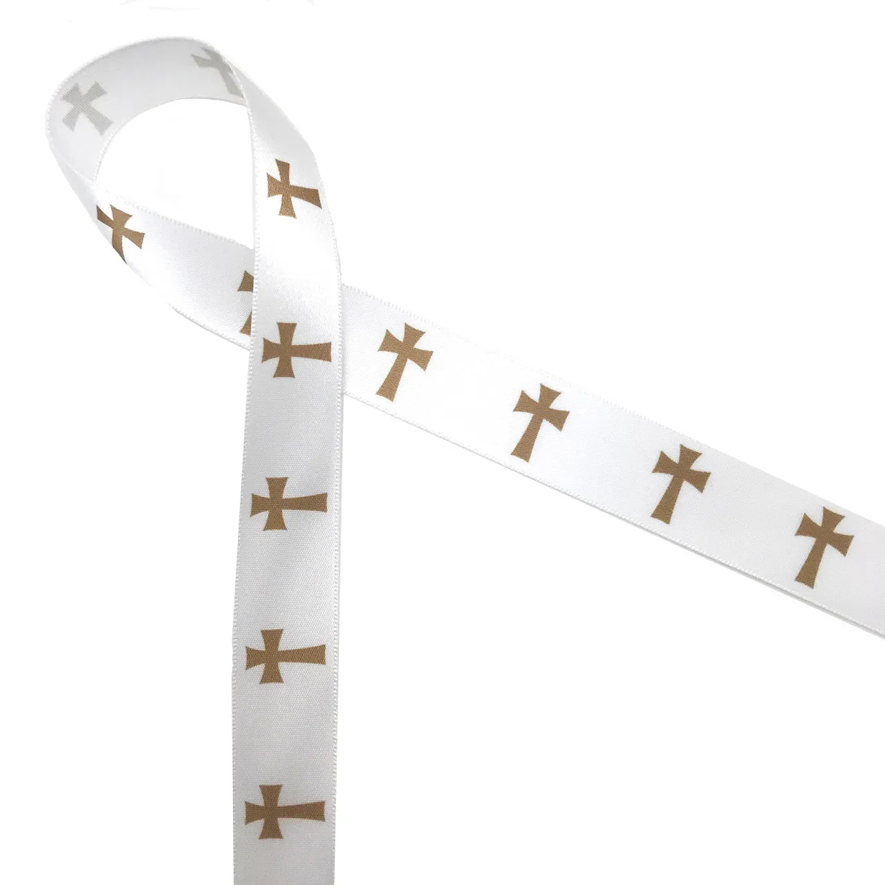 Crosses of gold ribbon printed on 7/8" white single face satin