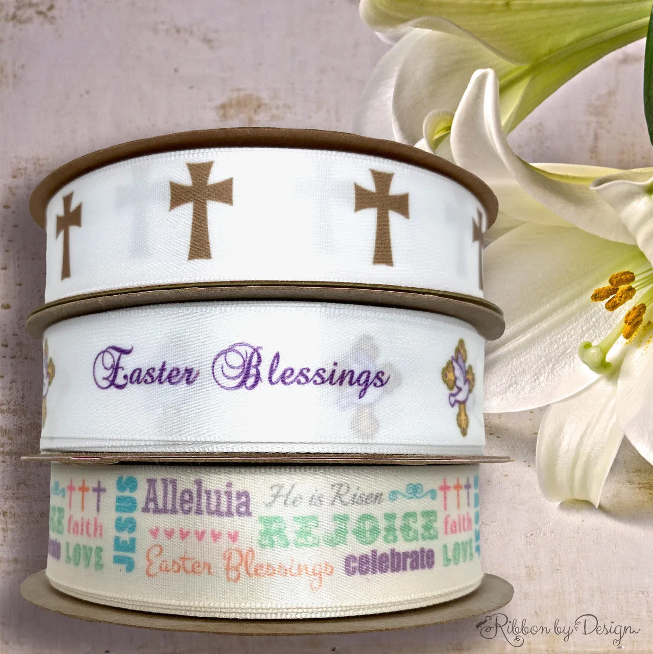 Crosses of gold ribbon printed on 7/8" white single face satin