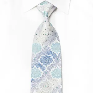 Daniel Hechter Men's Crystal Rhinestone Silk Necktie Damask On Pale Blue With Silver Sparkles