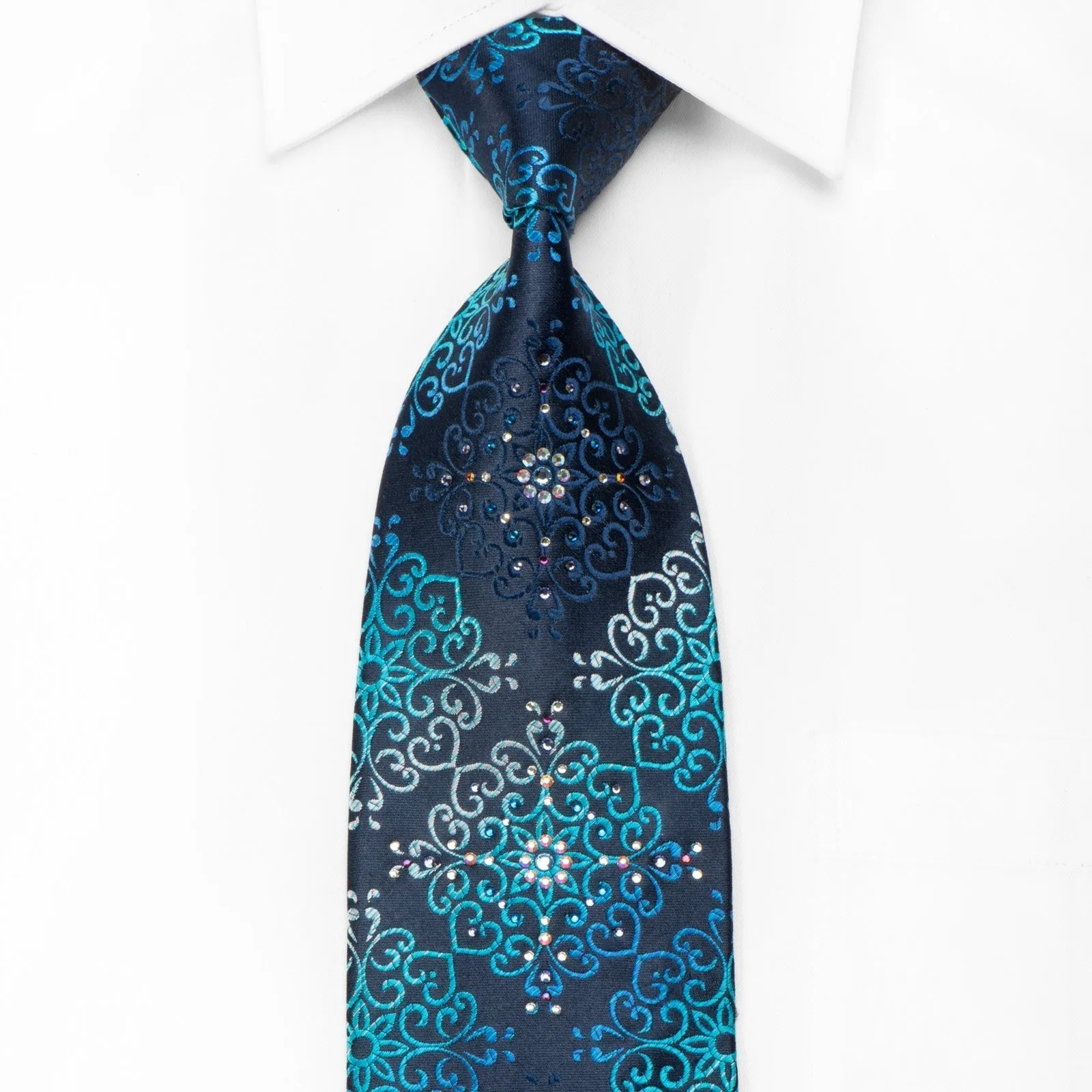 Daniel Hechter Men's Crystal Silk Tie Damask On Blue Sparkling With Rhinestones