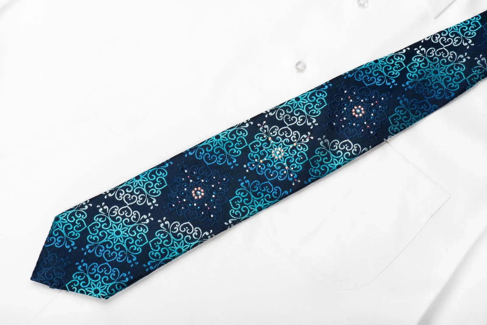 Daniel Hechter Men's Crystal Silk Tie Damask On Blue Sparkling With Rhinestones