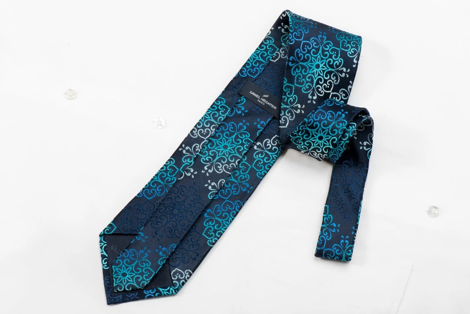 Daniel Hechter Men's Crystal Silk Tie Damask On Blue Sparkling With Rhinestones