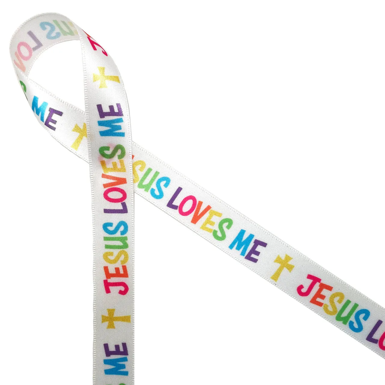 Easter Ribbon Christian Jesus Loves Me printed on 5/8" white satin