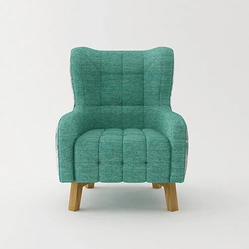 Floral High-Back Linen Armchair with Wooden Legs