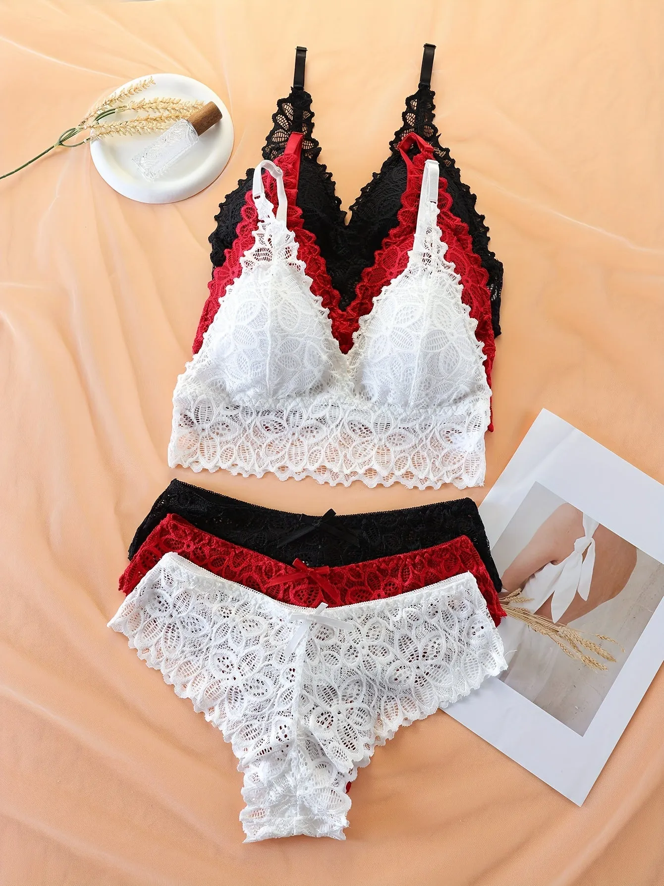 Floral Lace Bra  Panties Set Wireless Push Up  Womens Lingerie