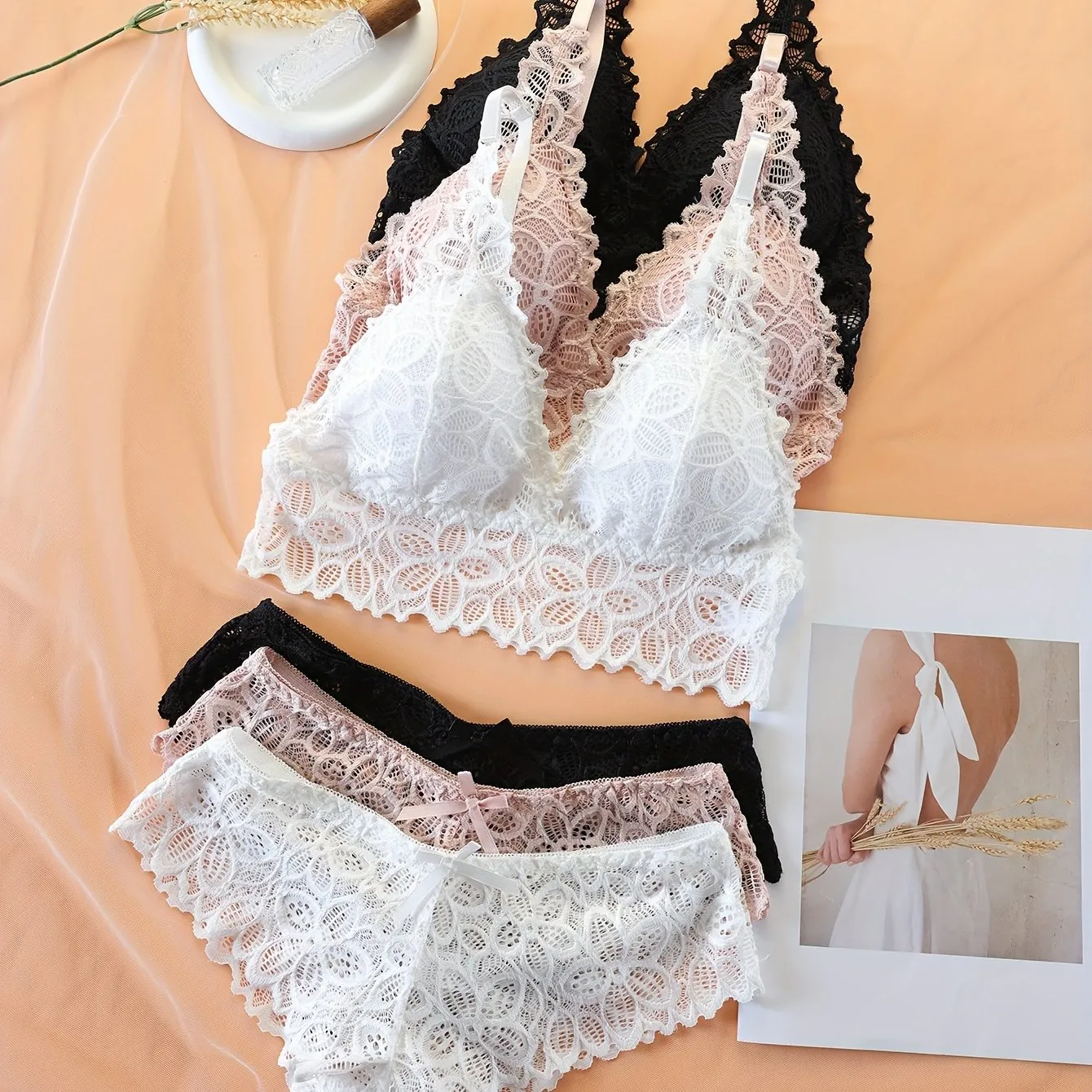 Floral Lace Bra  Panties Set Wireless Push Up  Womens Lingerie