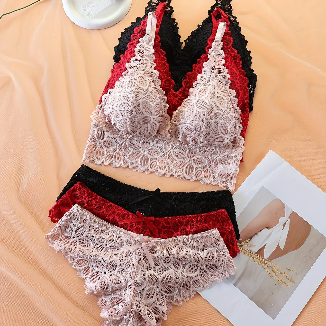 Floral Lace Bra  Panties Set Wireless Push Up  Womens Lingerie