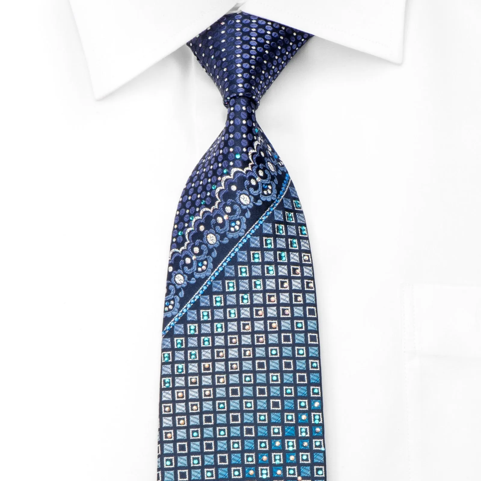 Giorgio Ferri Men's Rhinestone Silk Necktie Geometric Squares On Blue With Silver Sparkles