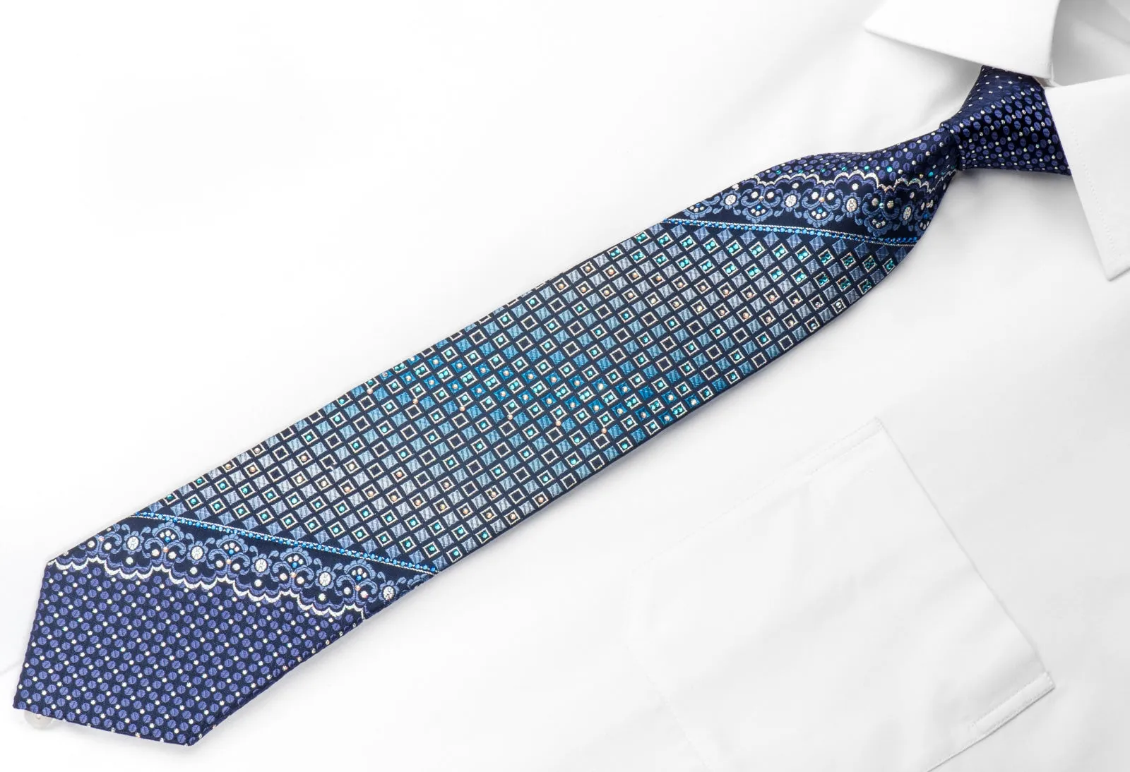 Giorgio Ferri Men's Rhinestone Silk Necktie Geometric Squares On Blue With Silver Sparkles