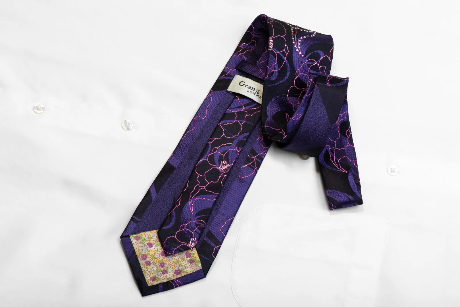 Grang Cia Rhinestone Silk Tie Pink Floral On Navy With Sparkles