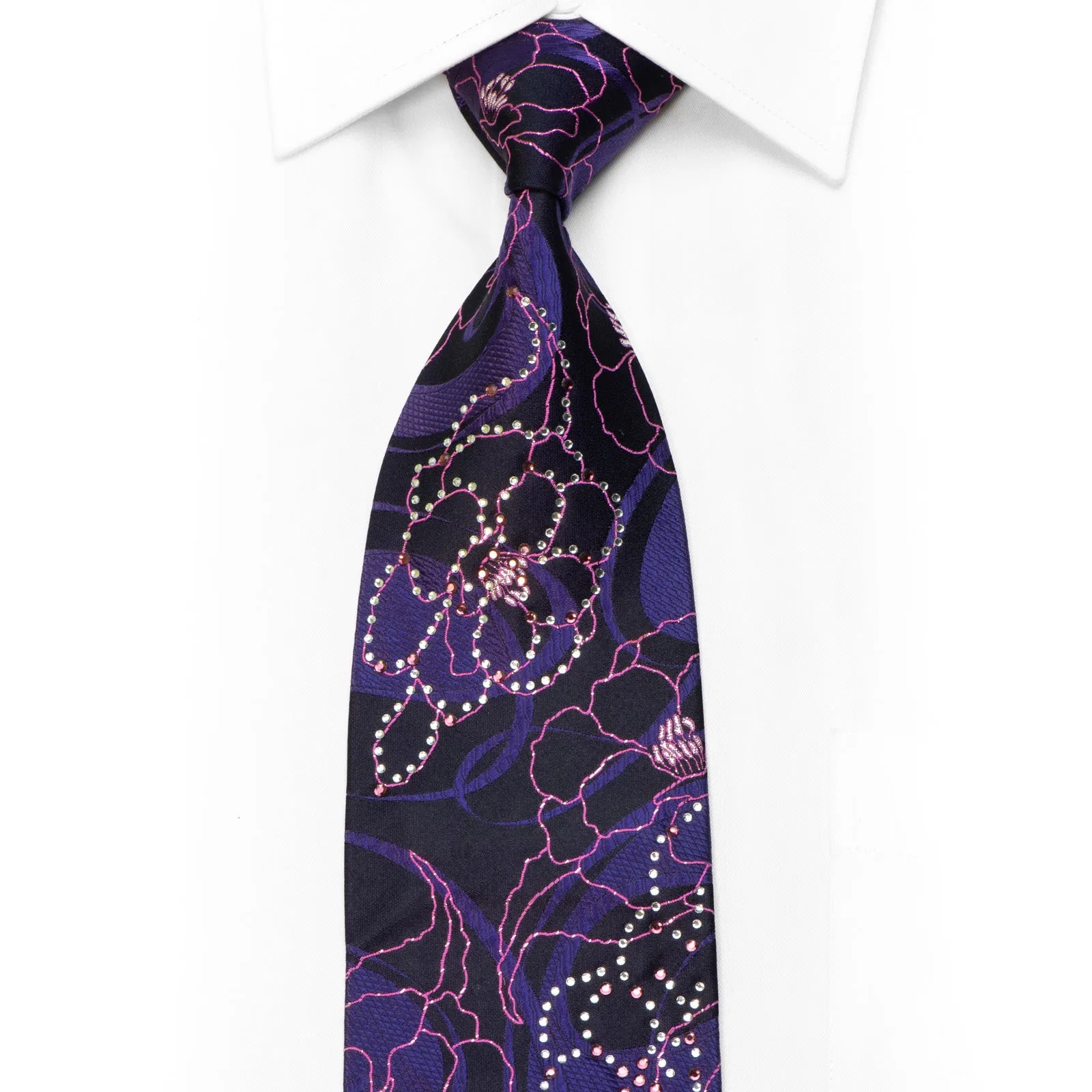 Grang Cia Rhinestone Silk Tie Pink Floral On Navy With Sparkles