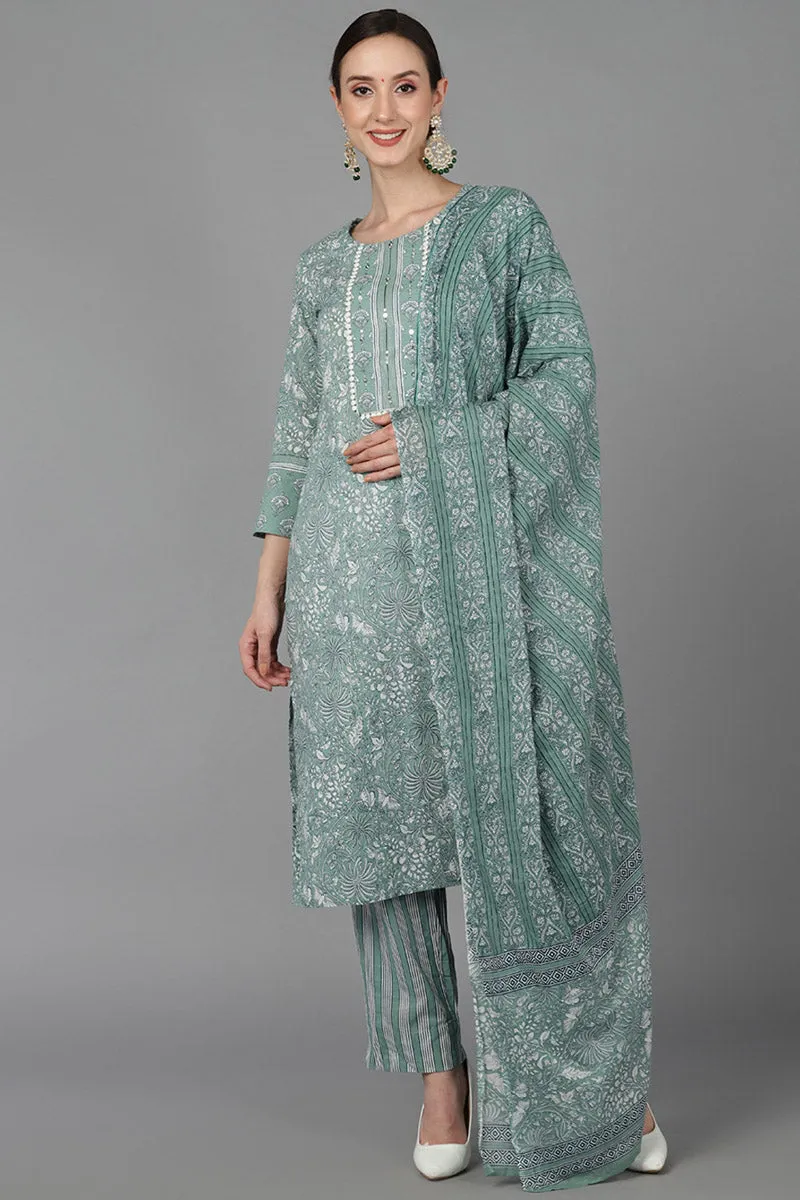 Green Pure Cotton Suit Set