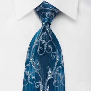 Guy Laroche Silk Tie Silver Filigree On Blue Sparkling With Rhinestones