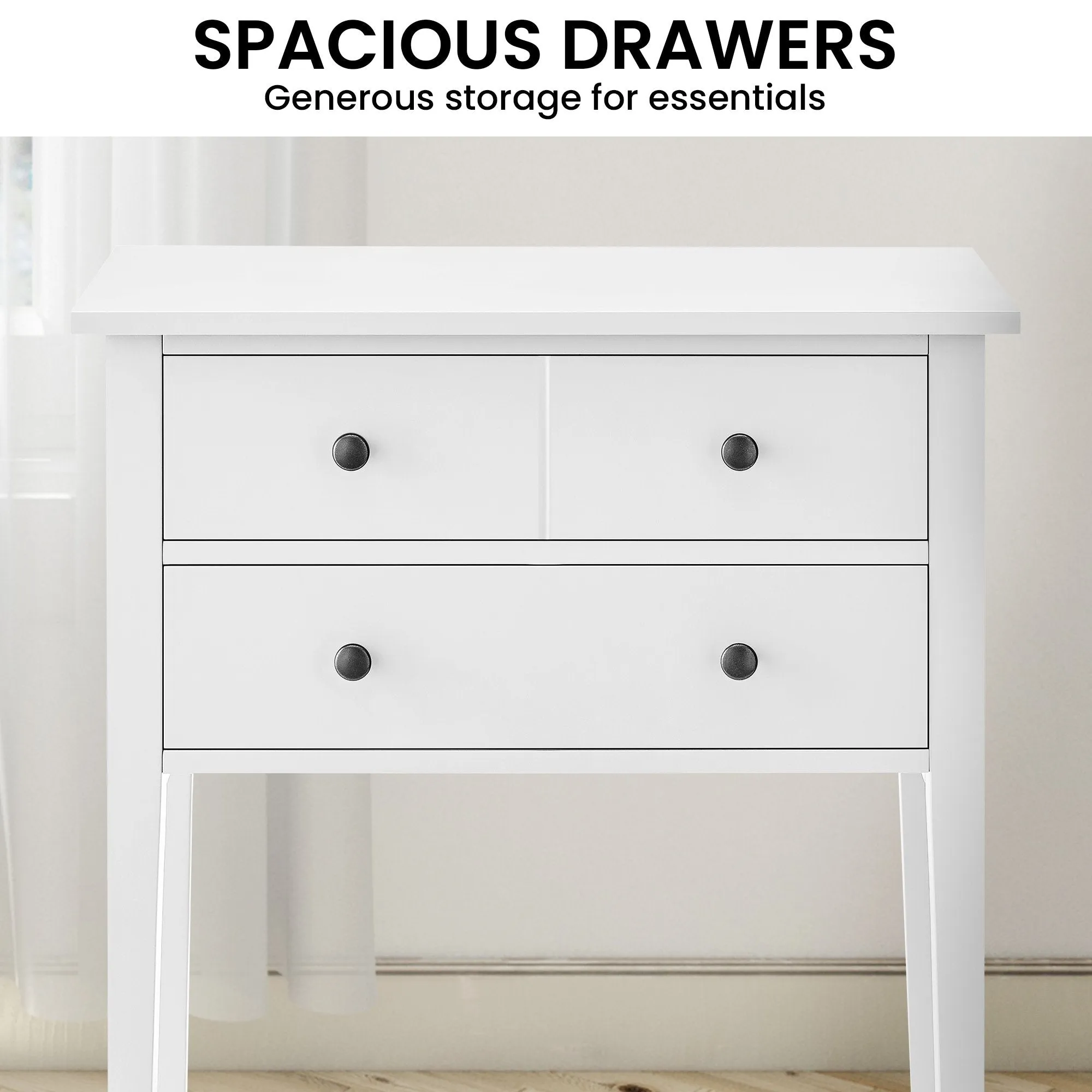 High-Leg Bedside Table, Spacious Drawers - White | Sarantino