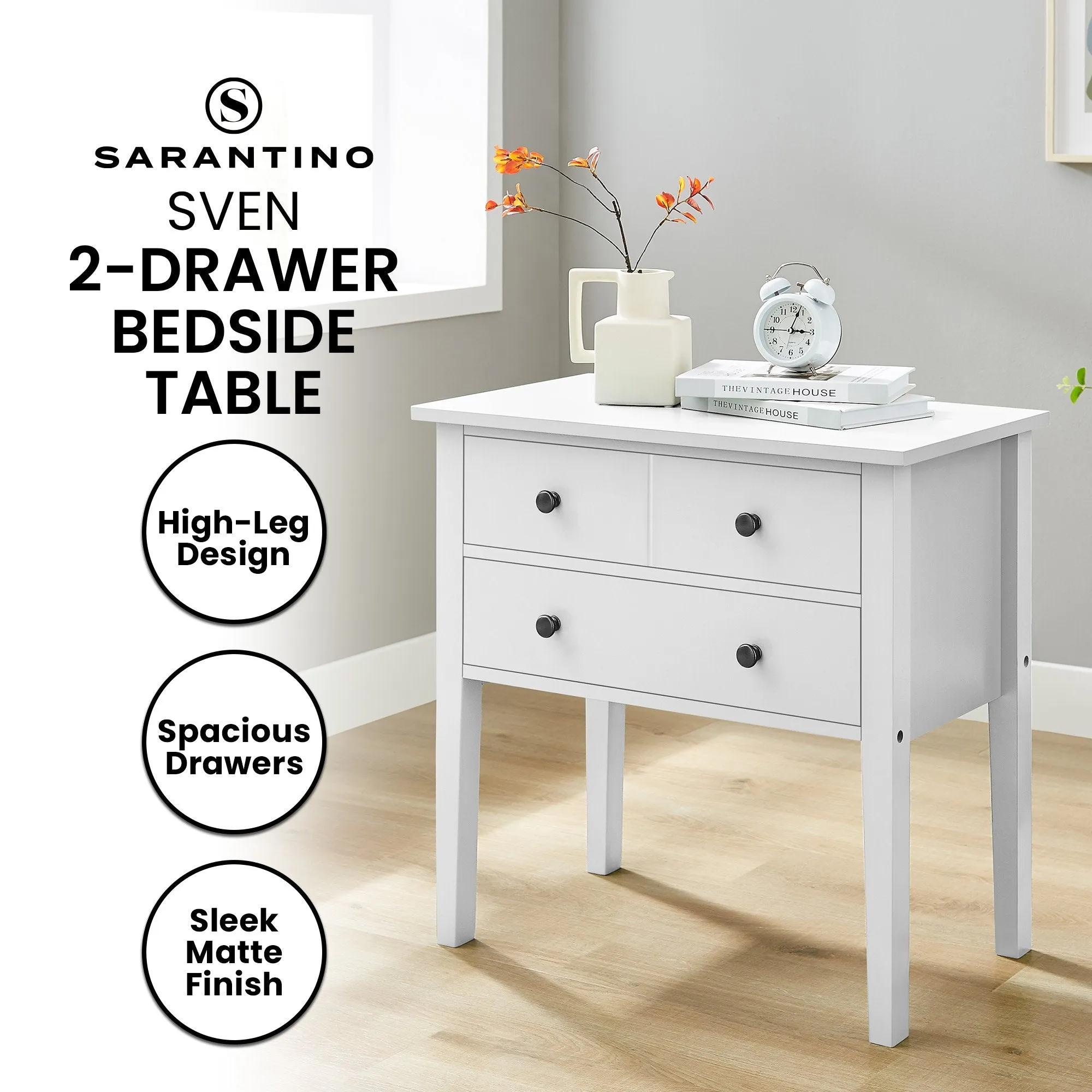 High-Leg Bedside Table, Spacious Drawers - White | Sarantino