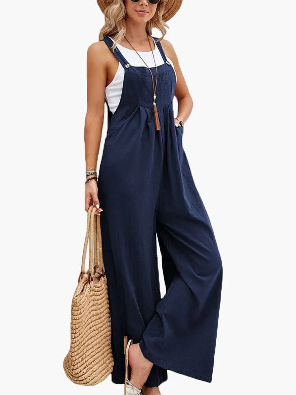 Jumpsuits Solid Pocket Wide Leg Casual Jumpsuit for Women