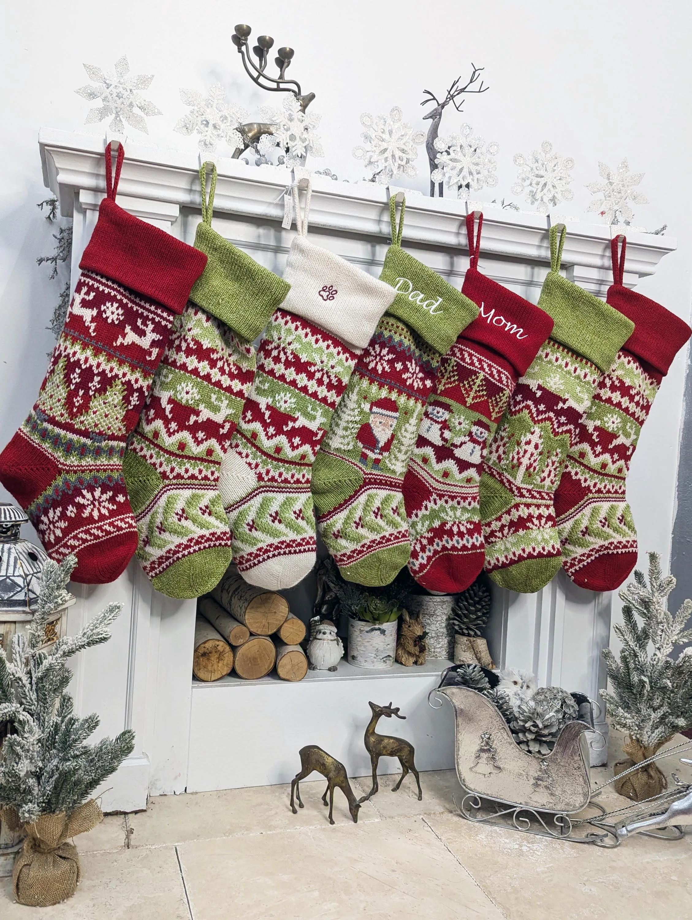 Knit Christmas Stockings Personalized 23" Fair Isle Knitted Deer, Snowflake, Santa, Snowman Custom Holiday Intarsia Family Names