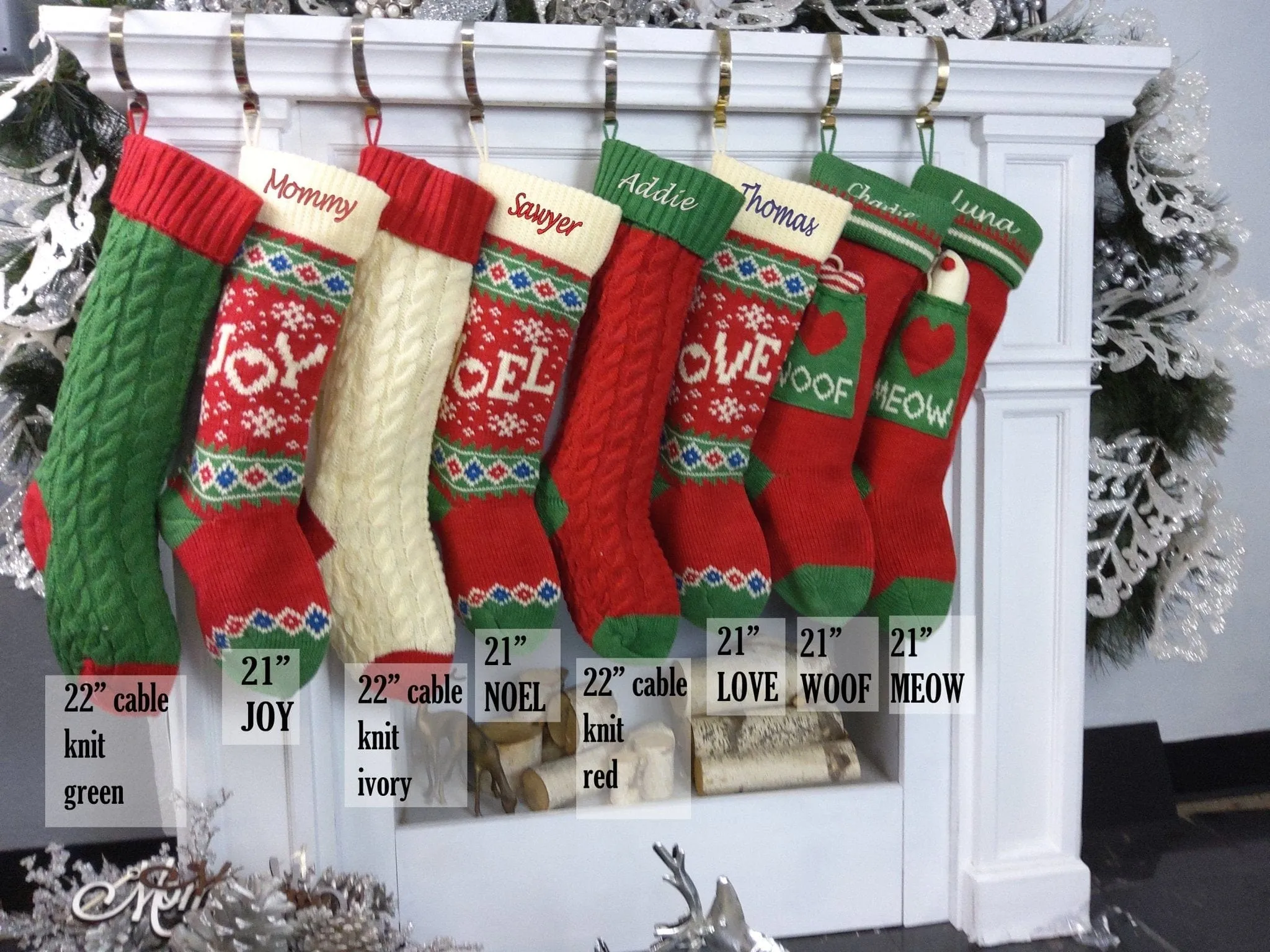 Knitted Christmas Stockings Red IVORY Green Fun Snowflake Family with Pets Cat Mouse Meow and Dog Bone Woof Knit Personalized Embroidered