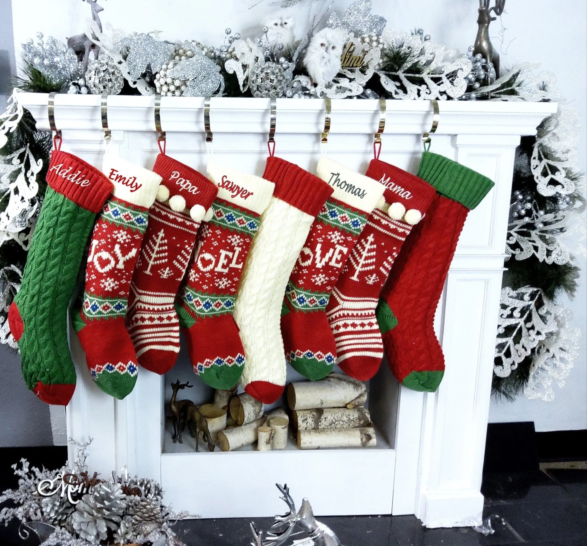 Knitted Christmas Stockings Red IVORY Green Fun Snowflake Family with Pets Cat Mouse Meow and Dog Bone Woof Knit Personalized Embroidered