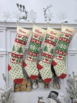 Knitted Ivory Christmas Stockings with Red Green knit Snowflake Tree Heart Fun Festive Family Designs Personalized Embroidered Name