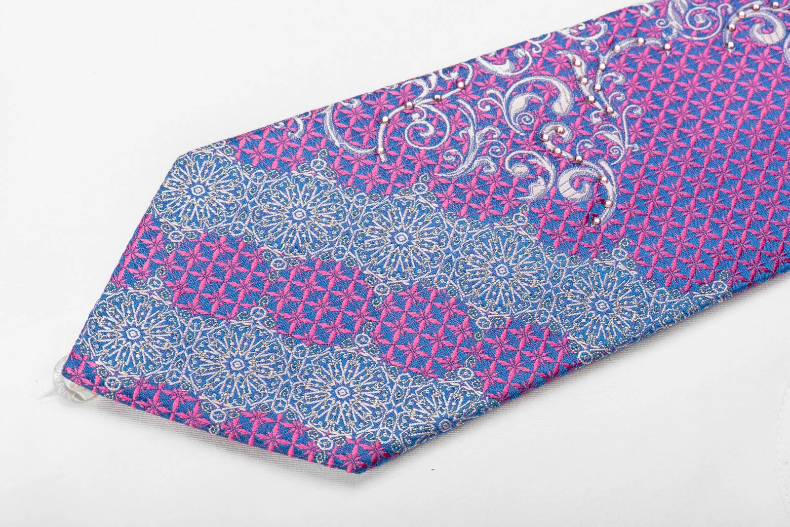 Lancetti Men's Crystal Silk Tie Pink Silver Arabesk On Blue With Sparkles