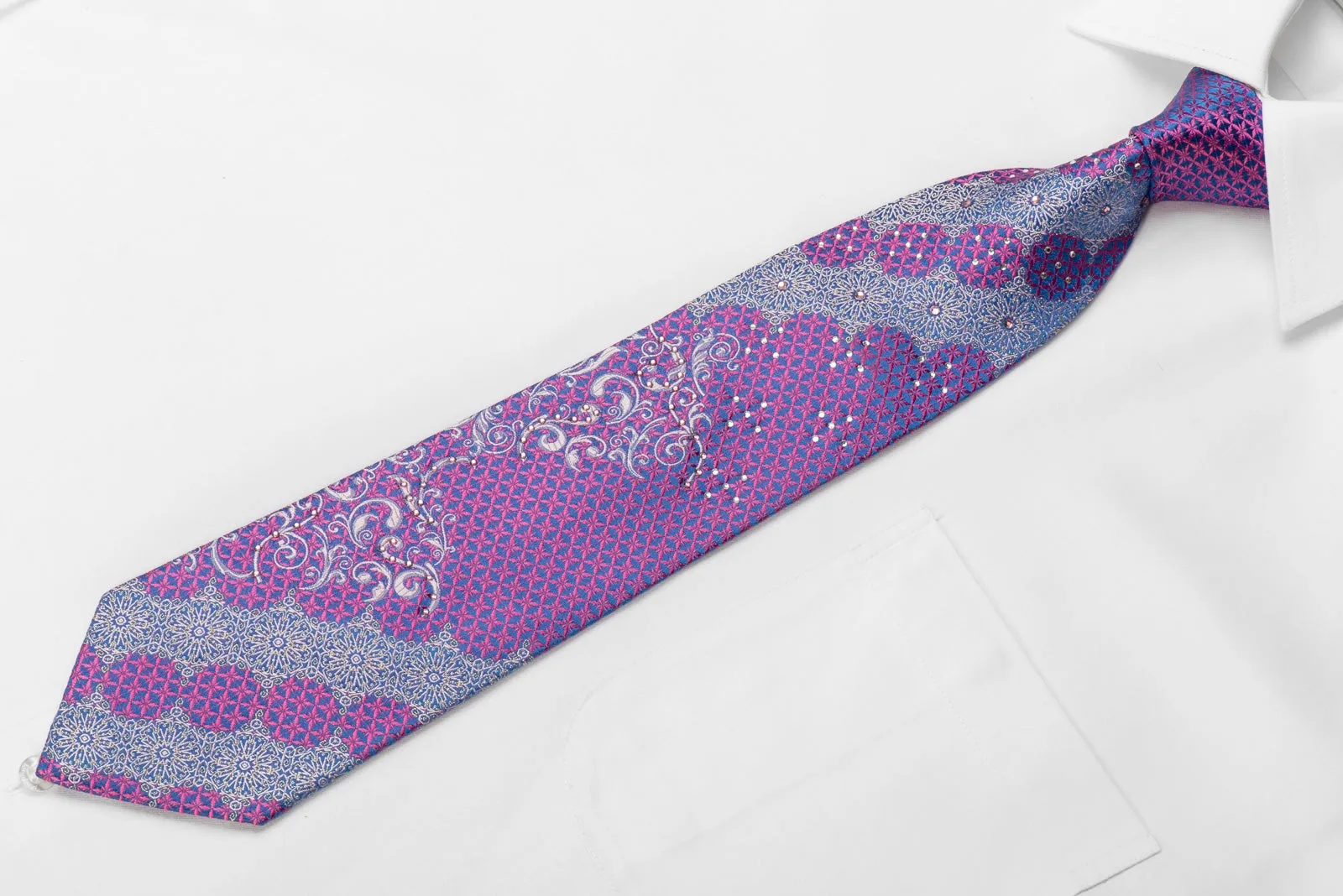 Lancetti Men's Crystal Silk Tie Pink Silver Arabesk On Blue With Sparkles