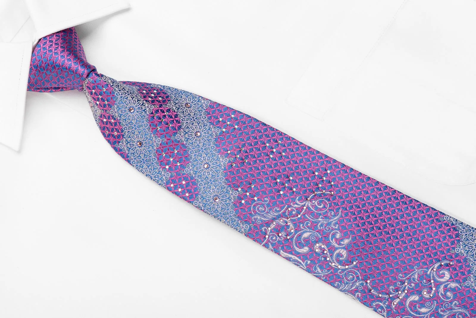 Lancetti Men's Crystal Silk Tie Pink Silver Arabesk On Blue With Sparkles