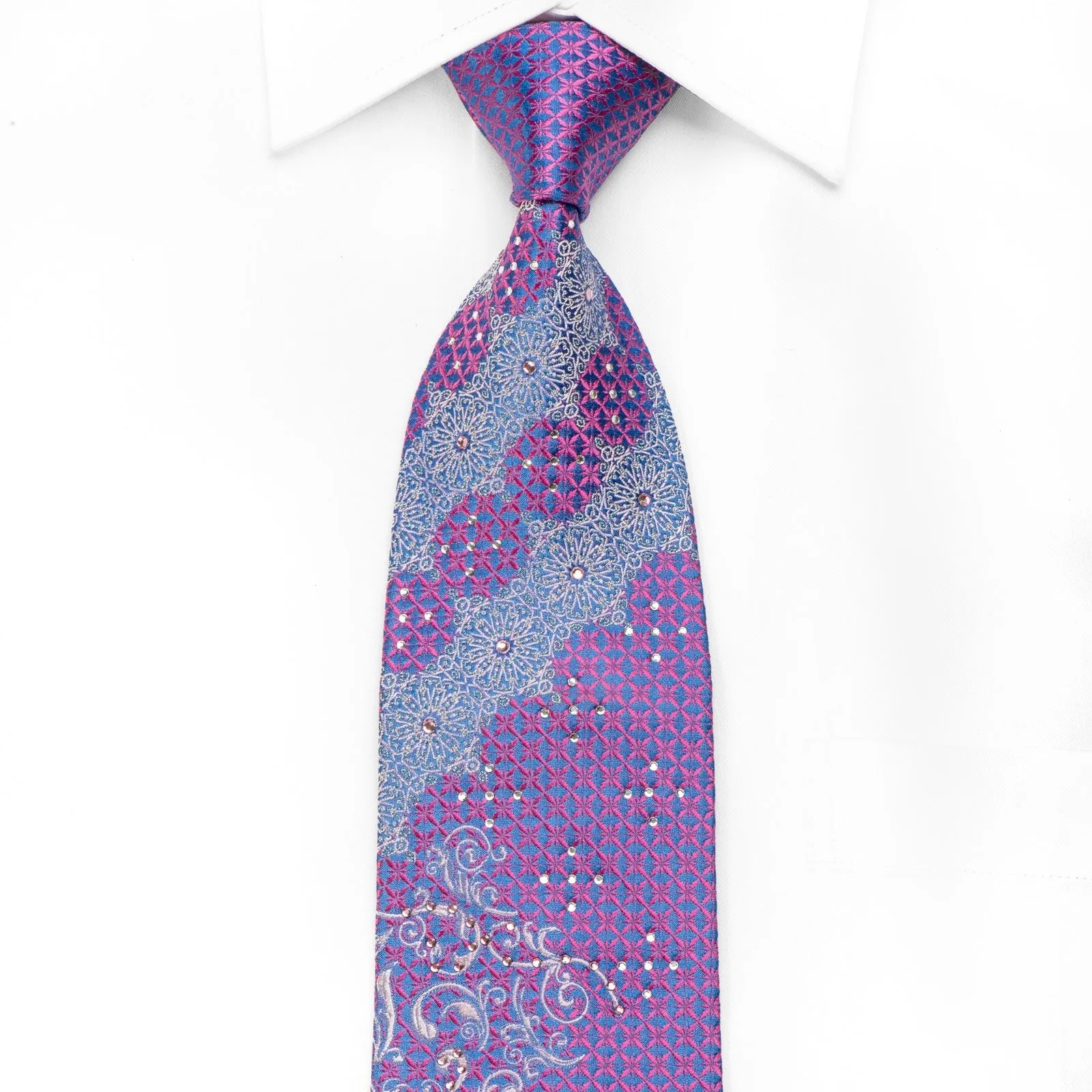 Lancetti Men's Crystal Silk Tie Pink Silver Arabesk On Blue With Sparkles