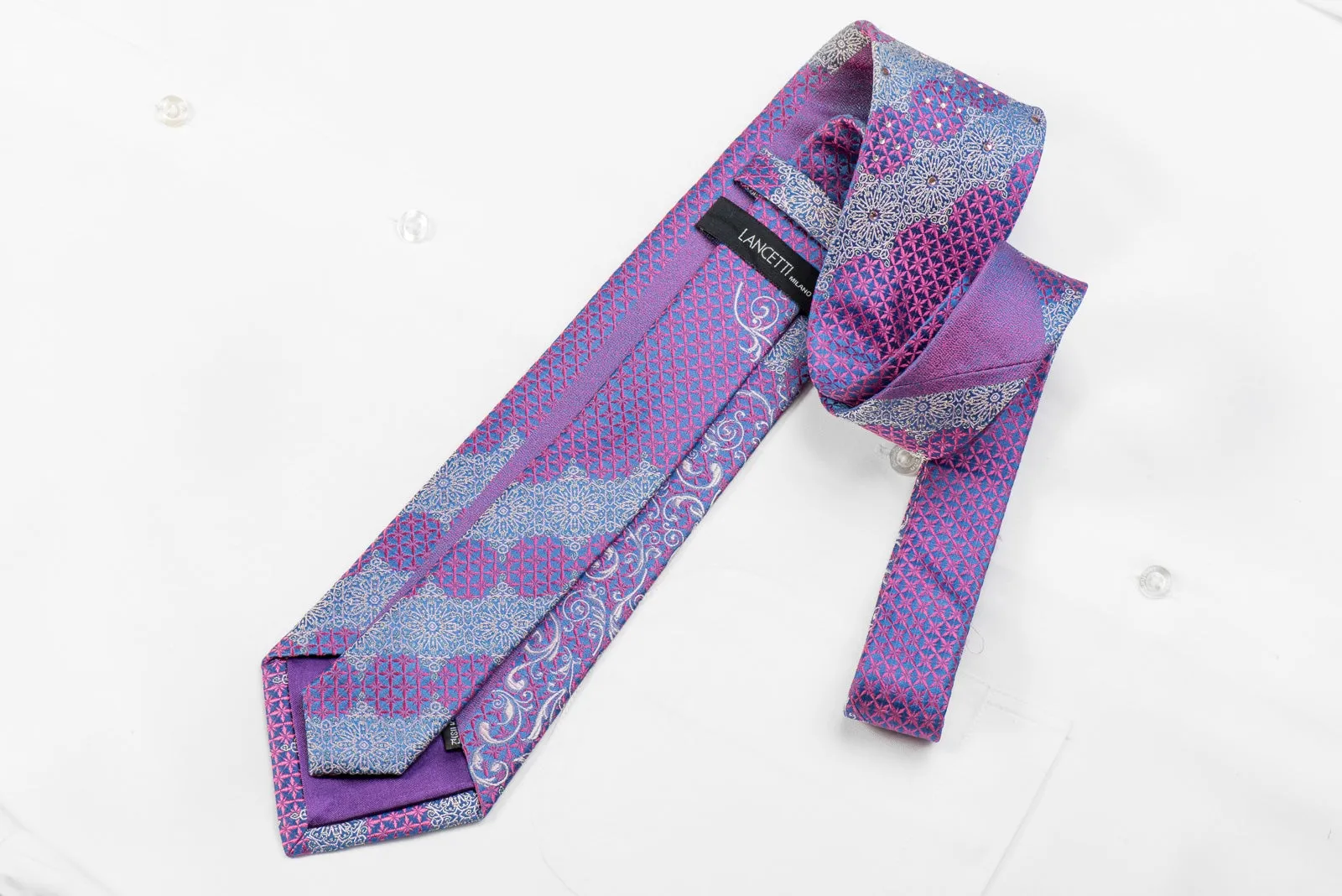 Lancetti Men's Crystal Silk Tie Pink Silver Arabesk On Blue With Sparkles