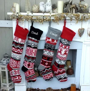 Large Personalized Knitted Christmas Stockings Black Red Grey White Intarsia Fair Isle Nordic Modern Christmas Stocking Decor for Holidays