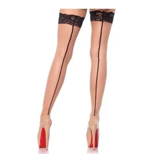 Leg Avenue Stay Up Lace Top Backseam Fishnet Thigh High Nude/Black