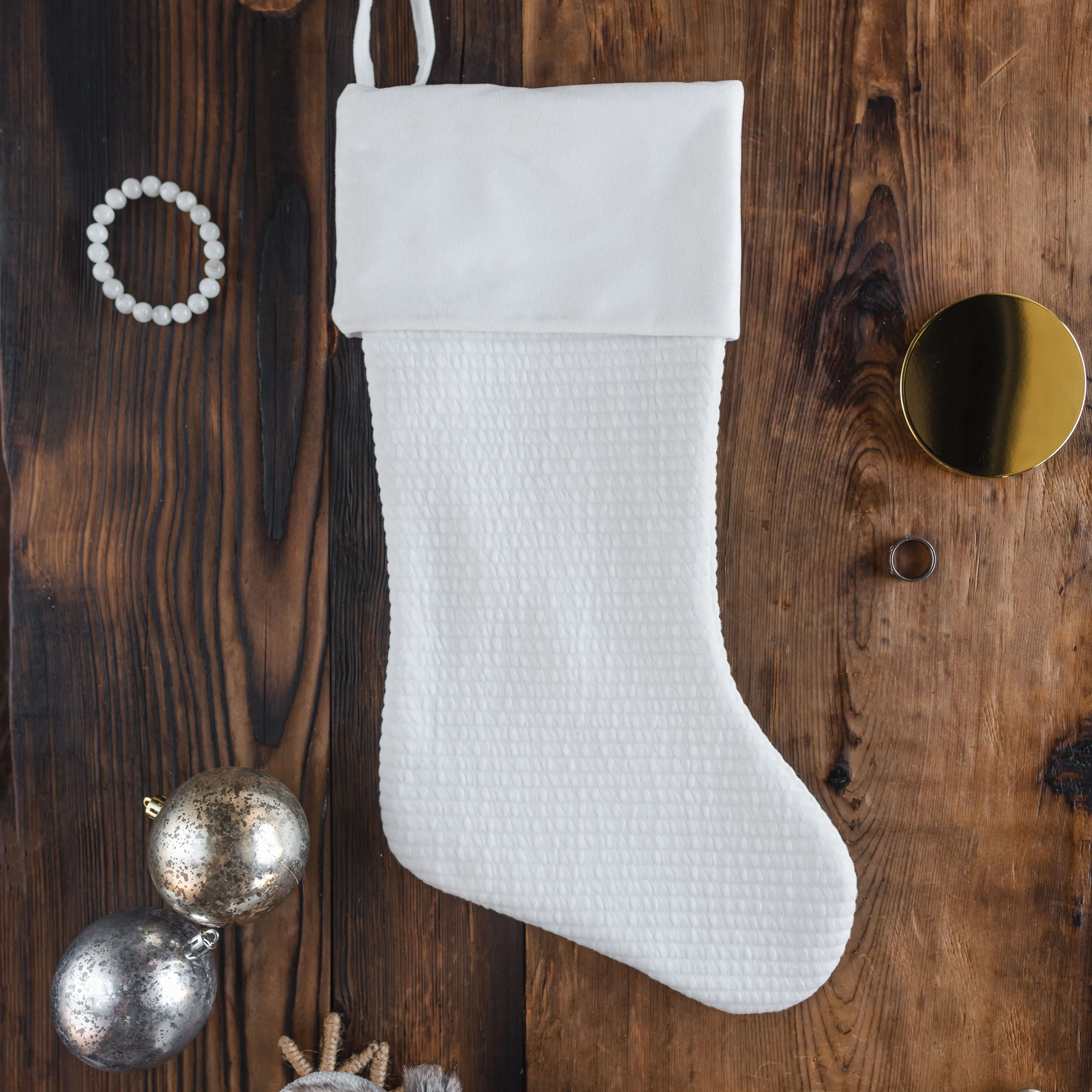 Neutral White Stripe Stitch Christmas Stocking with Velvet Cuff