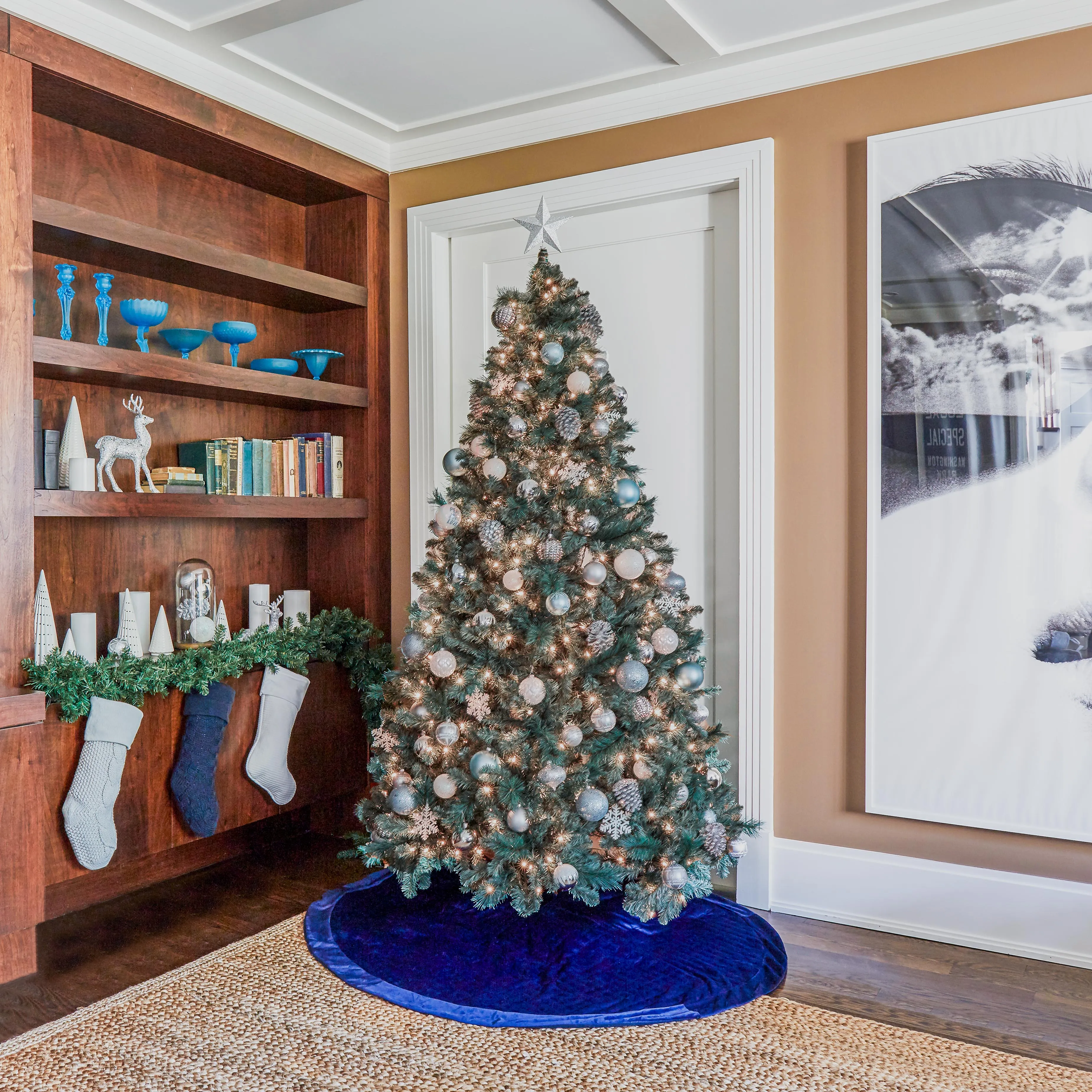 Neutral White Stripe Stitch Christmas Stocking with Velvet Cuff