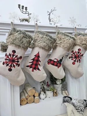 Plaid Buffalo Check Christmas Stockings with Faux Fur Pom Poms | Rustic Farmhouse Lodge Style Snowflake Tree Truck Personalized Embroidered name