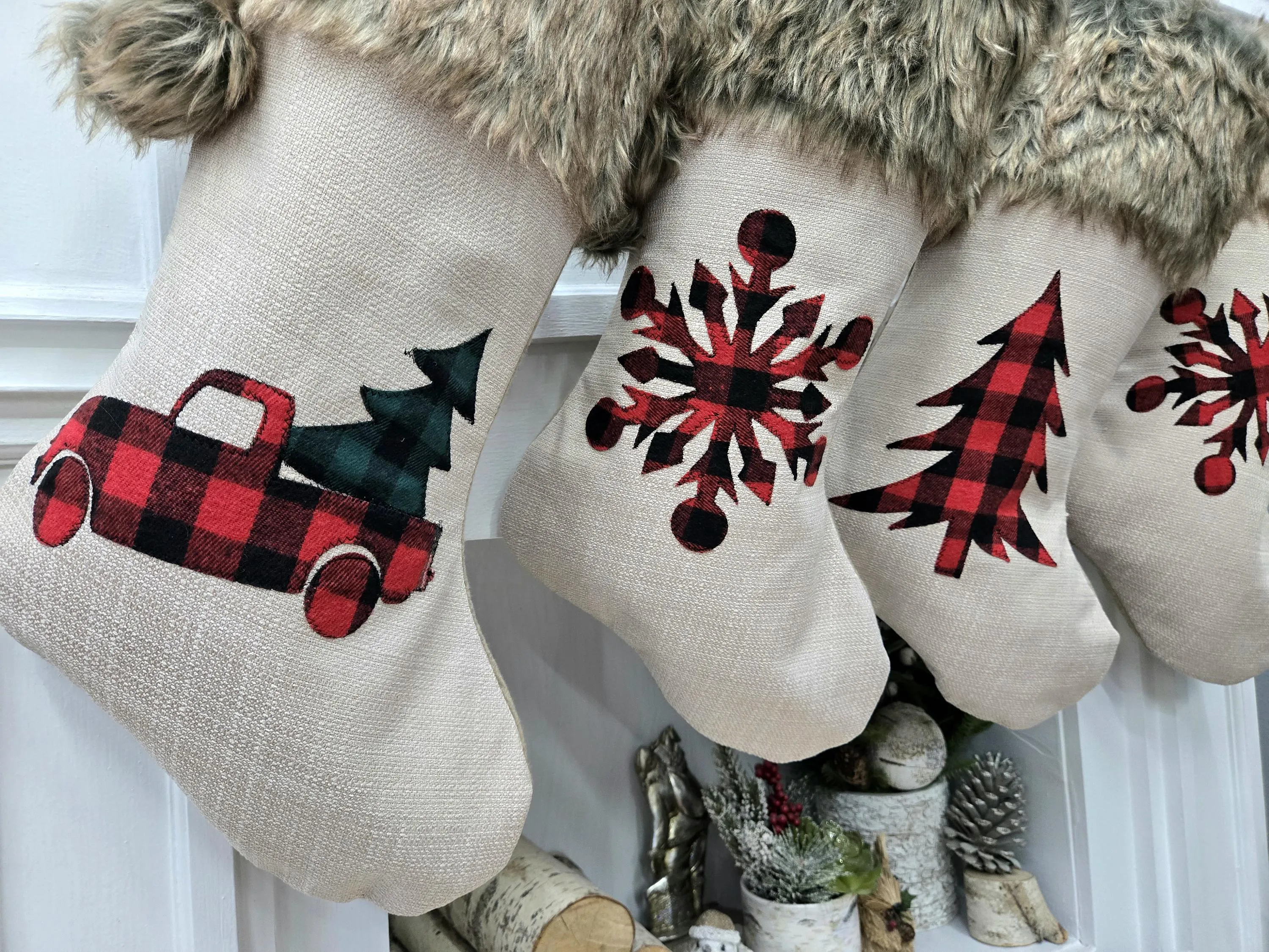 Plaid Buffalo Check Christmas Stockings with Faux Fur Pom Poms | Rustic Farmhouse Lodge Style Snowflake Tree Truck Personalized Embroidered name