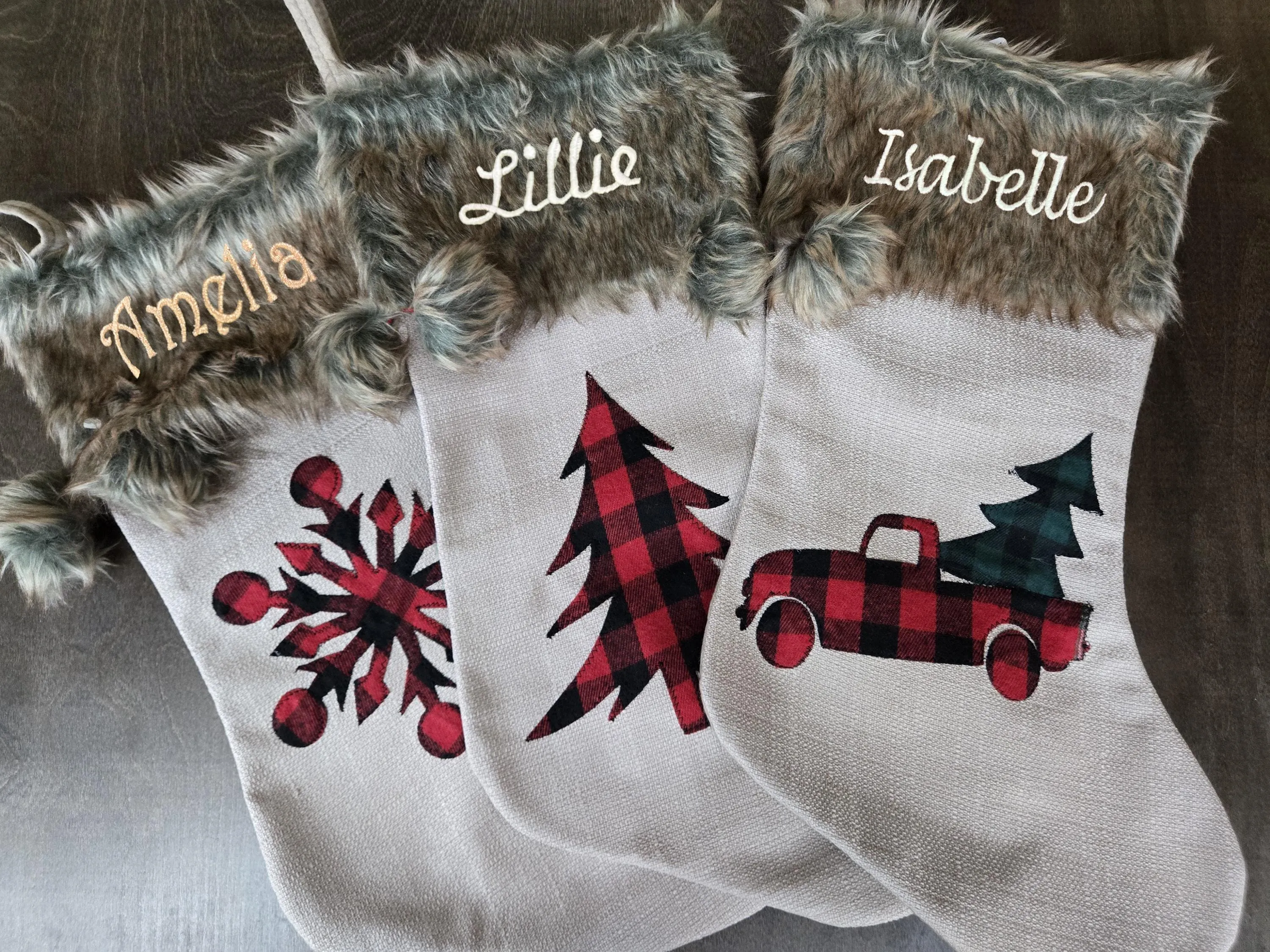 Plaid Buffalo Check Christmas Stockings with Faux Fur Pom Poms | Rustic Farmhouse Lodge Style Snowflake Tree Truck Personalized Embroidered name