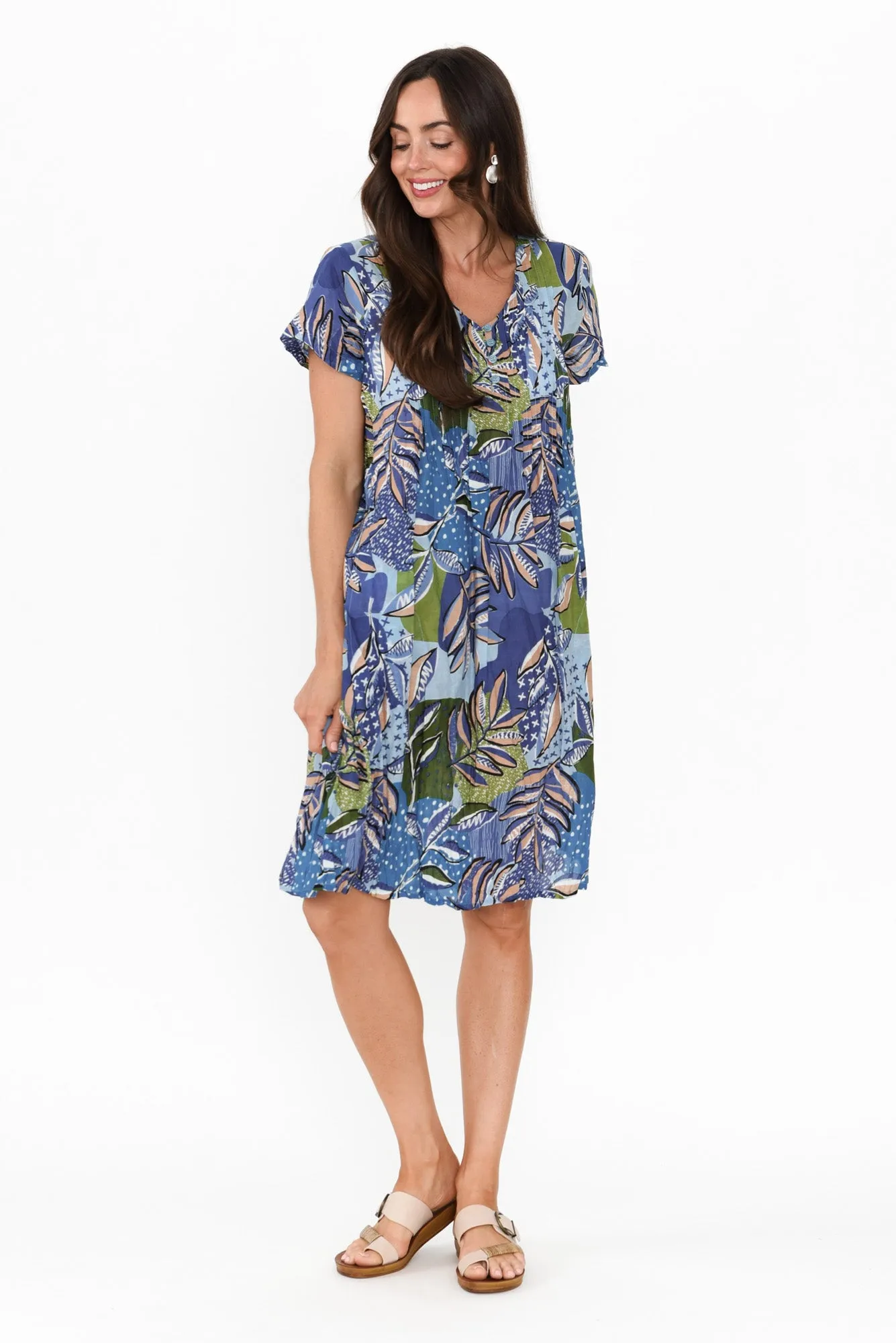 Sabina Blue Foliage Crinkle Cotton Dress