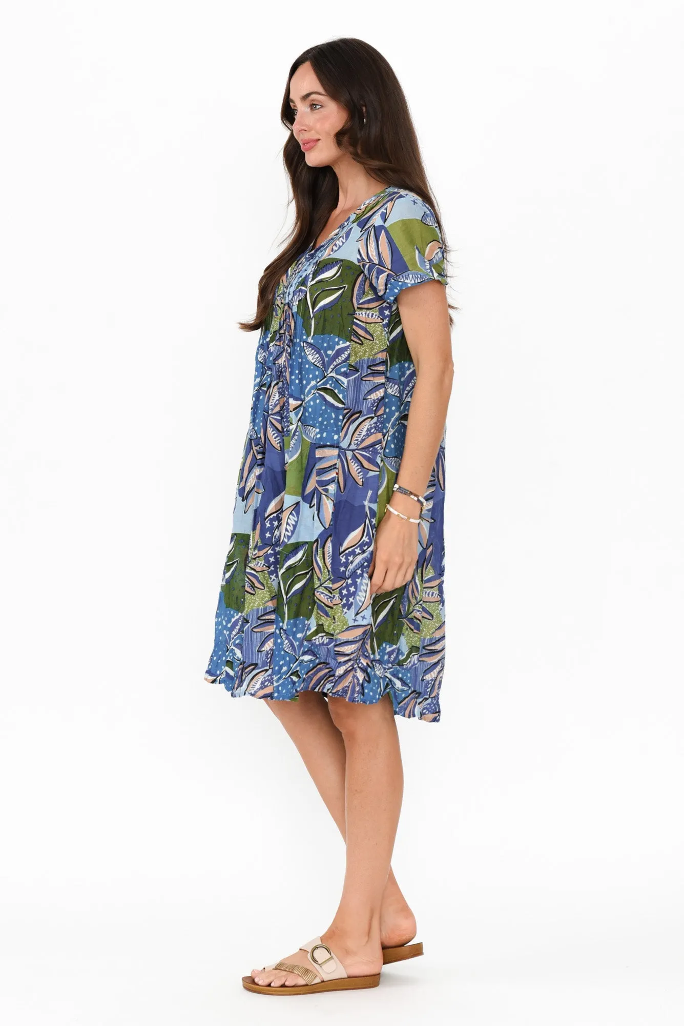 Sabina Blue Foliage Crinkle Cotton Dress