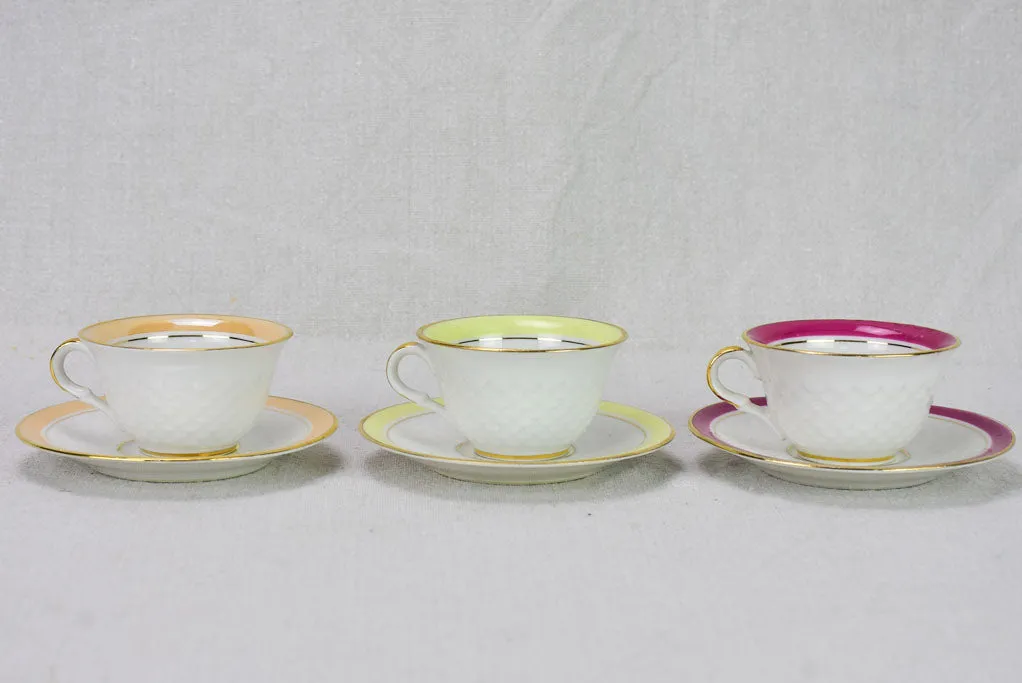 Six multi-color coffee cups and saucers Limoges 1950's